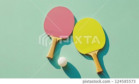 Pair of pink and yellow table tennis rackets over blue background. AI-generated item 124585573