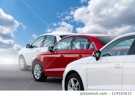 A lot of cars in a rows. Used car sales 124585615