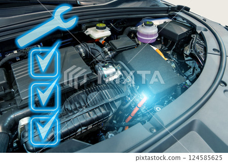 Hybrid car with open hood and service symbol. Electric vehicles maintenance. Hybrid car with open hood and service symbol. Electric vehicles maintenance. 124585625