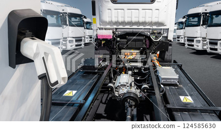 Electric truck batteries are charged from the charging station 124585630