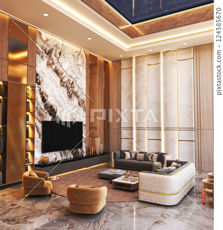 Elegant luxury living room with marble wall Elegant luxury living room with marble wall 124585670