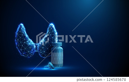 Abstract blue human thyroid gland with bottle, medical pills. Thyroid disorders, healthcare protection, medical treatment concept. Abstract blue human thyroid gland with bottle, medical pills. Thyroid disorders, healthcare protection, medical treatment concept. 124585678