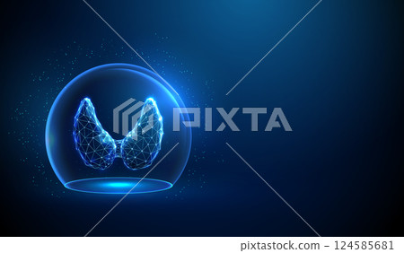Abstract blue human thyroid gland inside a glass dome. Neon sphere shield. Healthcare protection medical concept. Futuristic low poly style 124585681