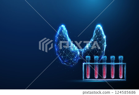 Abstract blue human thyroid gland and blood sample rack. Blood analysis and thyroid health, medical diagnostics concept. Low poly style. 124585686