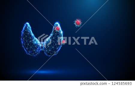 Blue human thyroid gland with red viruses flying around. Thyroid disease, viral infection impact, medical diagnosis, treatment, healthcare protection concept. Blue human thyroid gland with red viruses flying around. Thyroid disease, viral infection impact, medical diagnosis, treatment, healthcare protection concept. 124585693