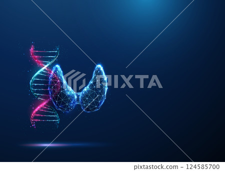 Abstract blue and purple DNA molecule helix and human thyroid gland. Genetic biotechnology engineering concept. Low poly futuristic technology digital style. Abstract blue and purple DNA molecule helix and human thyroid gland. Genetic biotechnology engineering concept. Low poly futuristic technology digital style. 124585700