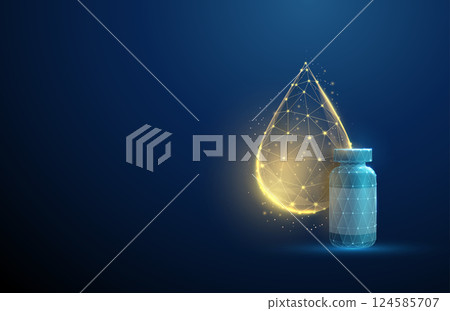 Yellow drop near a bottle with omega-3 oil. Dietary supplements, healthy nutrition, heart and brain health benefits concept. Low poly style 124585707