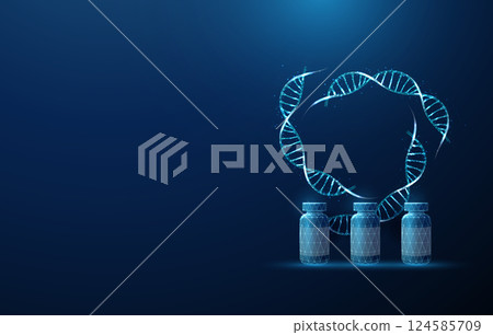 3 blue DNA molecule helixes swirled in circle and 3 bottles. Genetic engineering, treatment of genetic diseases with medicinal products, medical concept. 124585709