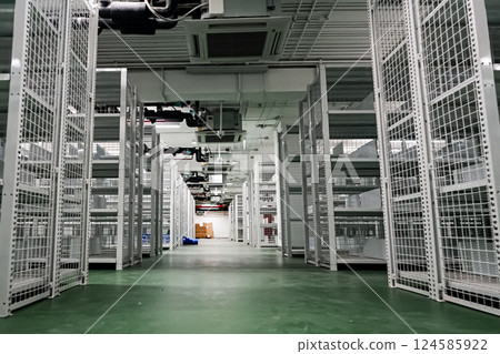White shelves are lined up all over the area in a warehouse with a green floor. It also has an excellent security system. White shelves are lined up all over the area in a warehouse with a green floor. It also has an excellent security system. 124585922