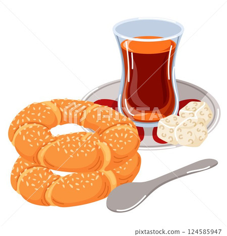 Turkish breakfast with glass of tea, sesame simit, sugar cubes and spoon on decorative plate saucer in cartoon style. Perfect representation of traditional food culture and morning breakfast ritual. Turkish breakfast with glass of tea, sesame simit, sugar cubes and spoon on decorative plate saucer in cartoon style. Perfect representation of traditional food culture and morning breakfast ritual. 124585947