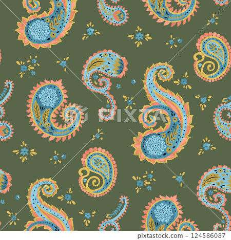 Watercolor style paisley with flowers seamless pattern on green background. Intricate eastern vintage wallpaper. Bohemian textile design 124586087