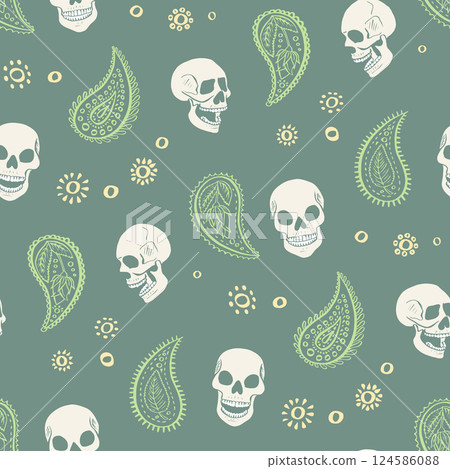 Seamless pattern with hand drawn inky floral skulls surrounded by paisley 124586088