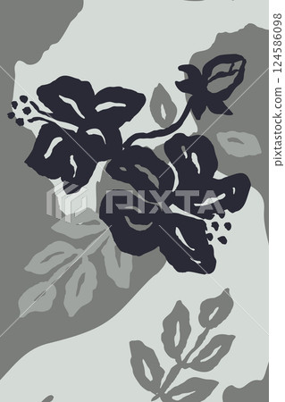 Poster or card with ink brush abstract sketch flower and leaves organic shapes background. Minimalist floral composition for cover, wall art or brochure design Poster or card with ink brush abstract sketch flower and leaves organic shapes background. Minimalist floral composition for cover, wall art or brochure design 124586098