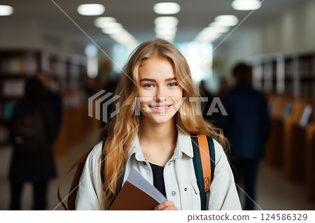 Confident High School Student Smiling Blond Girl with Backpack and Books in Modern Campus Library Setting. created with Generative AI 124586329