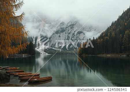 Scenic mountain lake landscape with autumn trees and boats. AI-generated item 124586341