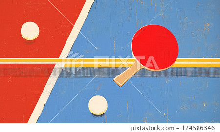 Ping pong table with tennis rackets and balls. AI-generated item 124586346