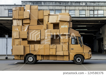 Overloaded large truck stacked high with cardboard boxes. AI-generated item 124586376