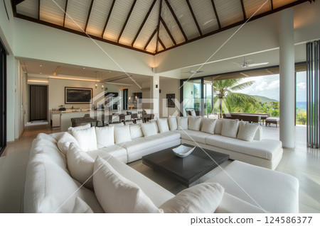Luxury open-plan living room with ocean view. AI-generated item 124586377