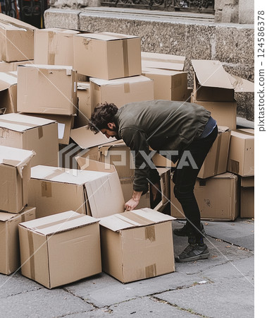Man sorting cardboard boxes. AI-generated item 124586378