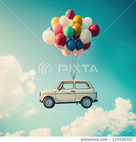 Car floating with balloons flying among fluffy clouds. AI-generated item Car floating with balloons flying among fluffy clouds. AI-generated item 124586387