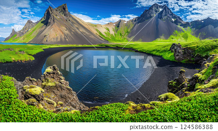 Mountains reflecting in clear calm lake. AI-generated item 124586388