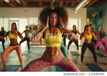 Female instructor doing exercise and leading dynamic group fitness class. AI-generated item 124586404