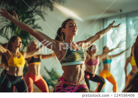 Yoga class with women exercising in studio. AI-generated item 124586406