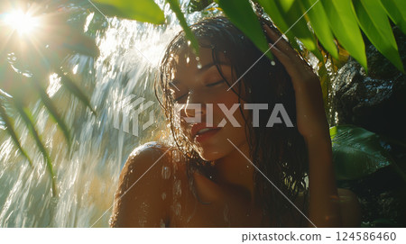 Woman relaxing under jungle waterfall with sunlight. AI-generated item 124586460