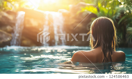 Woman relaxing in turquoise tropical waterfall pool surrounded by jungle. AI-generated item 124586463