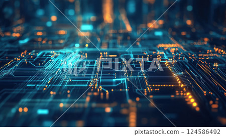 Abstract close-up of glowing circuit board with particles and data flow patterns. AI-generated item 124586492