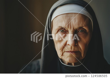 Elderly nun in traditional black habit. AI-generated item Elderly nun in traditional black habit. AI-generated item 124586505