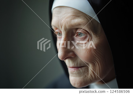 Elderly nun in traditional black habit. AI-generated item 124586506
