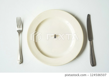 Fly on empty plate with vintage silverware. AI-generated item 124586507
