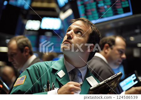 Stock market trader analyzing digital screens on trading floor. AI-generated item Stock market trader analyzing digital screens on trading floor. AI-generated item 124586539