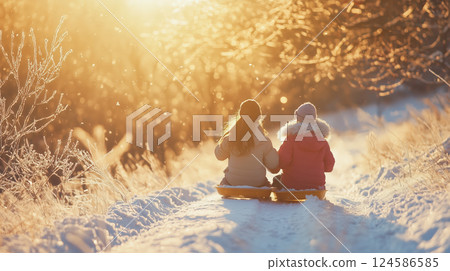 Two kids sledding down on snowy hill. AI-generated item 124586585