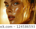 Close-up portrait of pretty woman with water on face. AI-generated item 124586593