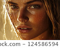 Close-up portrait of pretty woman with water on face. AI-generated item 124586594