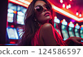 Elegant young woman posing near colorful slot machines. AI-generated item 124586597
