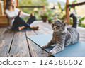 Cat lies on yoga mat near female owner practicing yoga wooden terrace. AI-generated item 124586602