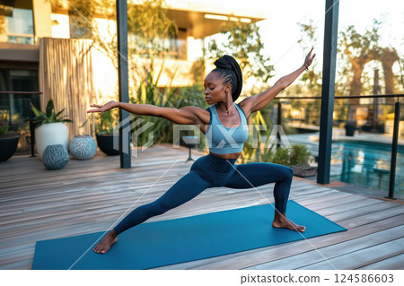 Athletic woman practicing yoga warrior pose on wooden terrace. AI-generated item 124586603