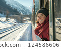 Happy smiling woman looking out of train window during winter journey. AI-generated item 124586606