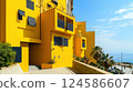 Bright modern yellow house with balconies and black shutters by the sea. AI-generated item 124586607