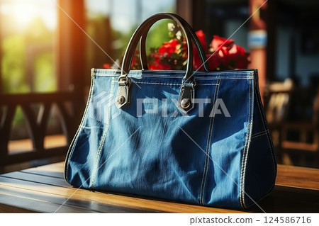Creative Denim Upcycling Handbag Crafted from Old Jeans Rests on a Dressmaker Table, Embracing DIY, Sustainable Lifestyle, Hobby Crafting, Recycling, and Zero Waste Concepts. created with Generative Creative Denim Upcycling Handbag Crafted from Old Jeans Rests on a Dressmaker Table, Embracing DIY, Sustainable Lifestyle, Hobby Crafting, Recycling, and Zero Waste Concepts. created with Generative 124586716