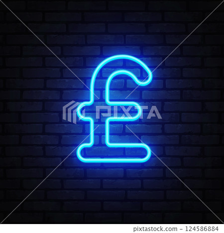 Pound sterling symbol in modern neon design glowing in blue light. The character is centered on a dark urban wall for contrast. Pound sterling symbol in modern neon design glowing in blue light. The character is centered on a dark urban wall for contrast. 124586884