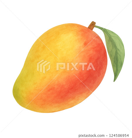 Watercolor illustration of a tropical, juicy mango with beautiful colors 124586954
