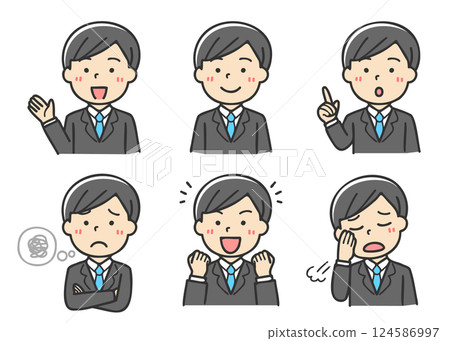 一組有各種表情的年輕上班族男人的插圖 124586997