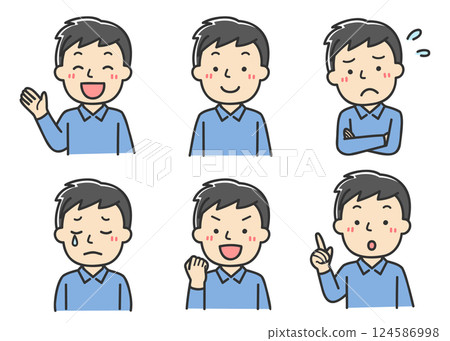 一組具有各種面部表情的男性插圖 124586998