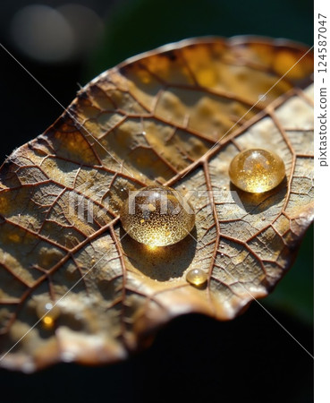 Autumn serenity: dewy drops on textured leaf highlighting nature's tranquility and seasonal change 124587047