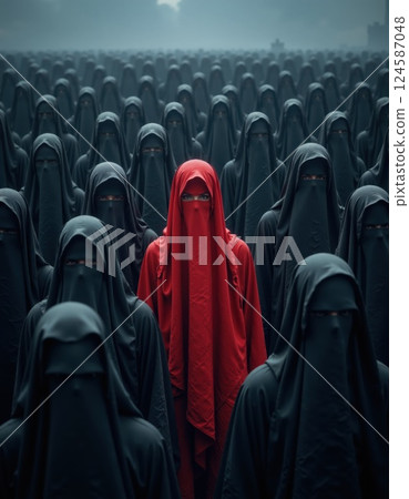Bold individuality: contrast of red and black cloaked figures in mystical gathering 124587048