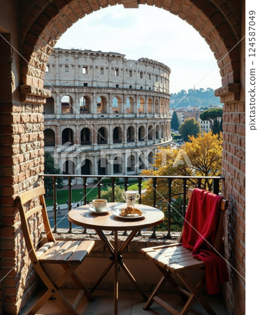 Charming balcony breakfast overlooking the colosseum in autumn serenity 124587049
